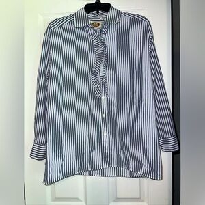 CM Company Brand Size Medium  Blue Striped Ruffled L/S Top Blouse Shirt